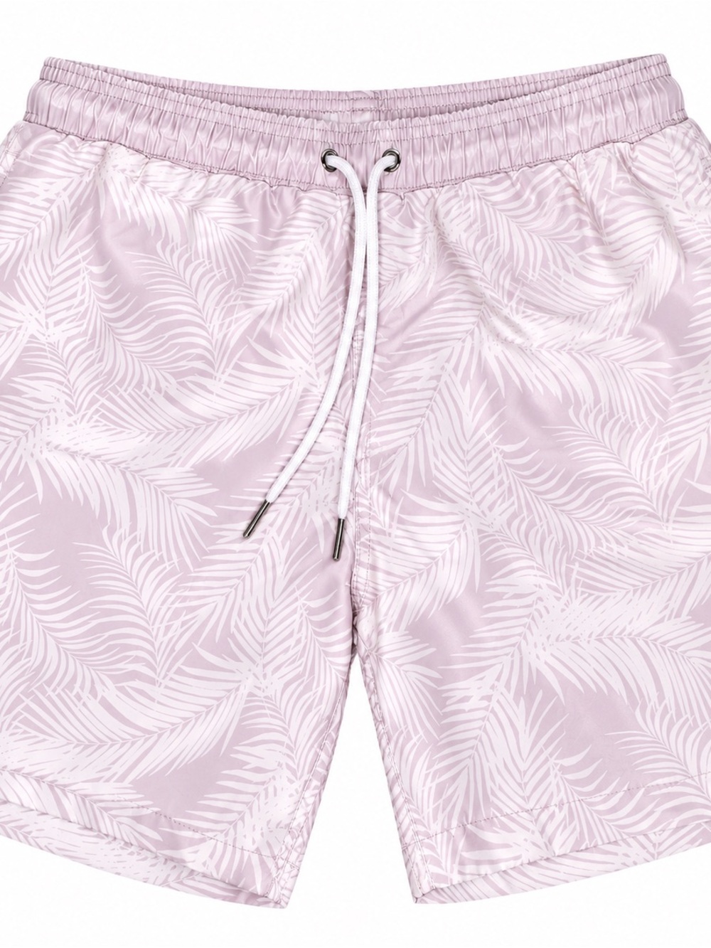 Men's Light Pink Palm-Pattern Swim Trunks with Drawstring